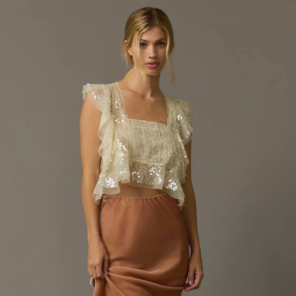 Anthropologie Cream Sequin Tank Top
